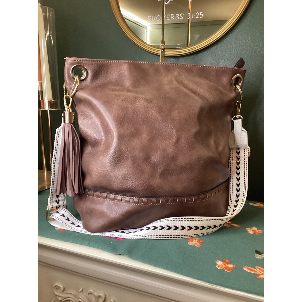 Unbranded Large Tote Bag Brown Vegan Leather Boho Tassel Guitar Strap‎